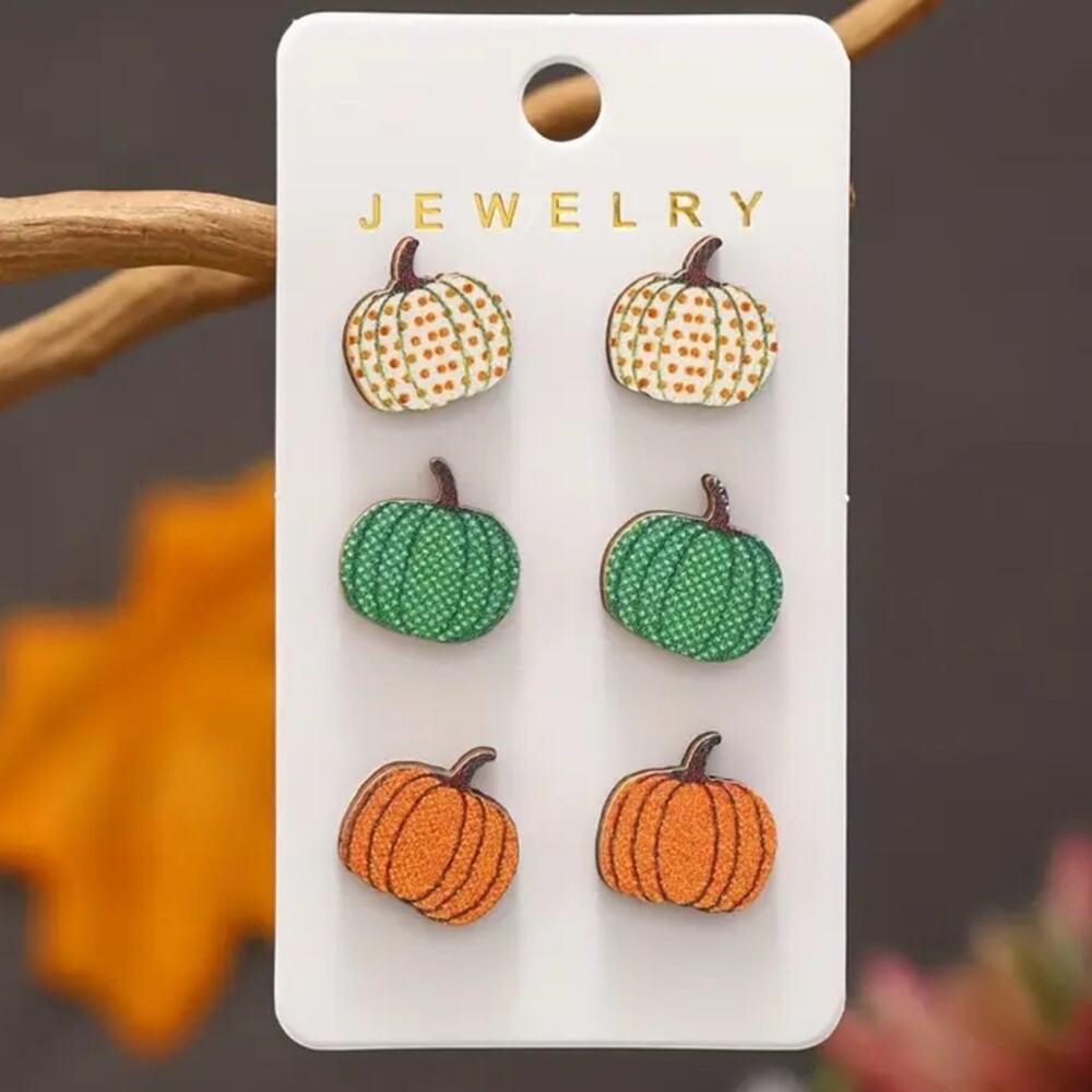🔥 3 for $15 #10 3 Pair Cute of Colorful Stacked Pumpkin Stud Fall Earrings